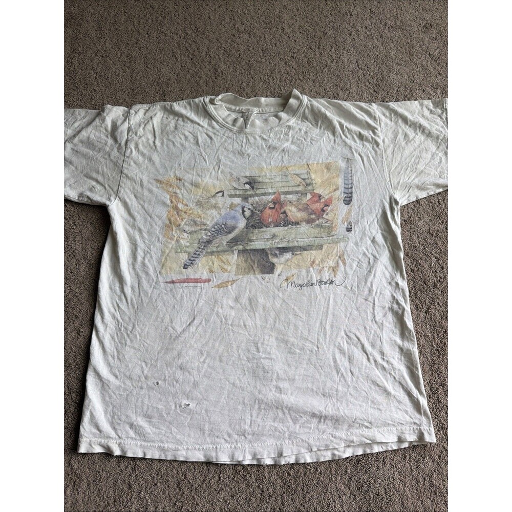 Hallmark Blue Skies Bird Box Art Marjolein Bastin Vintage 90s T Shirt L Ivory